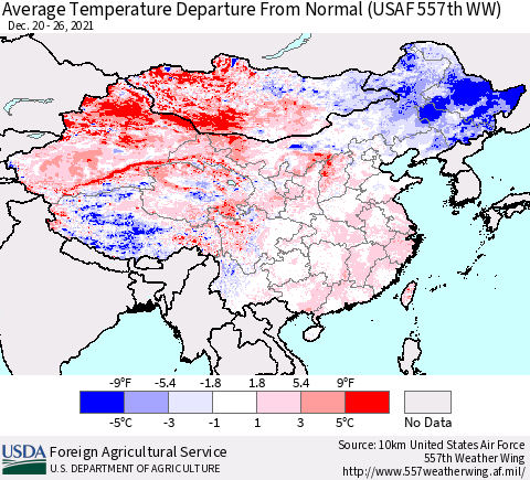 China, Mongolia and Taiwan Average Temperature Departure from Normal (USAF 557th WW) Thematic Map For 12/20/2021 - 12/26/2021