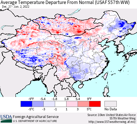 China, Mongolia and Taiwan Average Temperature Departure from Normal (USAF 557th WW) Thematic Map For 12/27/2021 - 1/2/2022