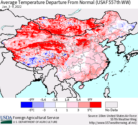 China, Mongolia and Taiwan Average Temperature Departure from Normal (USAF 557th WW) Thematic Map For 1/3/2022 - 1/9/2022