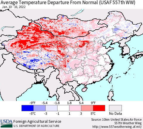 China, Mongolia and Taiwan Average Temperature Departure from Normal (USAF 557th WW) Thematic Map For 1/10/2022 - 1/16/2022