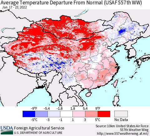 China, Mongolia and Taiwan Average Temperature Departure from Normal (USAF 557th WW) Thematic Map For 1/17/2022 - 1/23/2022