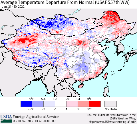 China, Mongolia and Taiwan Average Temperature Departure from Normal (USAF 557th WW) Thematic Map For 1/24/2022 - 1/30/2022