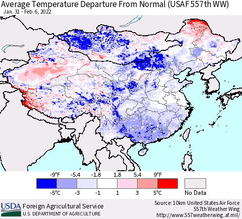 China, Mongolia and Taiwan Average Temperature Departure from Normal (USAF 557th WW) Thematic Map For 1/31/2022 - 2/6/2022