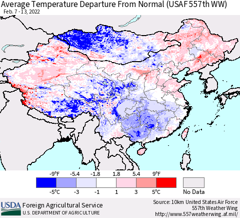 China, Mongolia and Taiwan Average Temperature Departure from Normal (USAF 557th WW) Thematic Map For 2/7/2022 - 2/13/2022