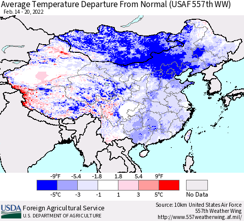 China, Mongolia and Taiwan Average Temperature Departure from Normal (USAF 557th WW) Thematic Map For 2/14/2022 - 2/20/2022