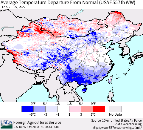 China, Mongolia and Taiwan Average Temperature Departure from Normal (USAF 557th WW) Thematic Map For 2/21/2022 - 2/27/2022