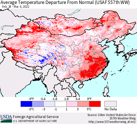 China, Mongolia and Taiwan Average Temperature Departure from Normal (USAF 557th WW) Thematic Map For 2/28/2022 - 3/6/2022