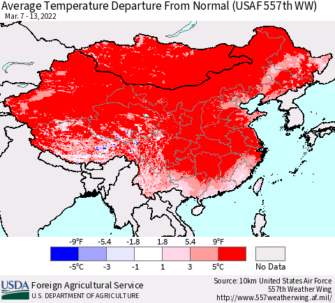 China, Mongolia and Taiwan Average Temperature Departure from Normal (USAF 557th WW) Thematic Map For 3/7/2022 - 3/13/2022