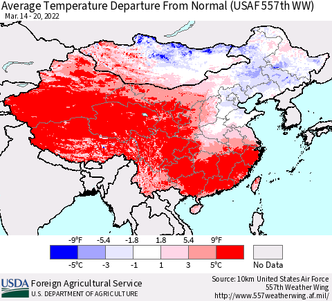 China, Mongolia and Taiwan Average Temperature Departure from Normal (USAF 557th WW) Thematic Map For 3/14/2022 - 3/20/2022
