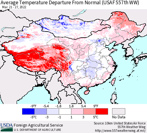 China, Mongolia and Taiwan Average Temperature Departure from Normal (USAF 557th WW) Thematic Map For 3/21/2022 - 3/27/2022