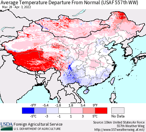 China, Mongolia and Taiwan Average Temperature Departure from Normal (USAF 557th WW) Thematic Map For 3/28/2022 - 4/3/2022
