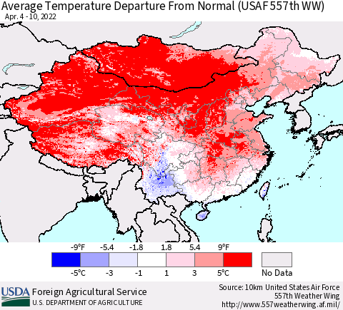 China, Mongolia and Taiwan Average Temperature Departure from Normal (USAF 557th WW) Thematic Map For 4/4/2022 - 4/10/2022