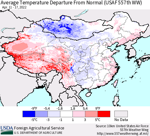 China, Mongolia and Taiwan Average Temperature Departure from Normal (USAF 557th WW) Thematic Map For 4/11/2022 - 4/17/2022