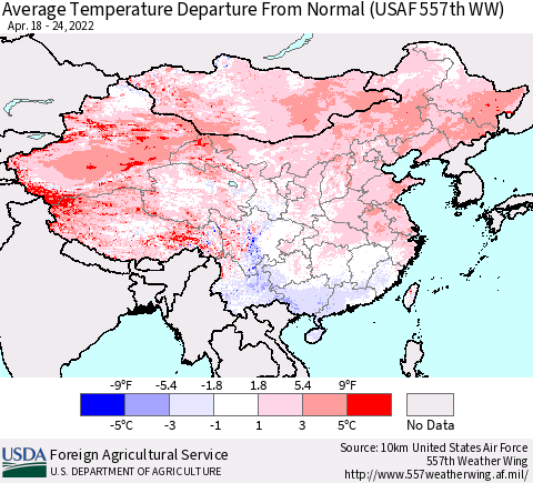 China, Mongolia and Taiwan Average Temperature Departure from Normal (USAF 557th WW) Thematic Map For 4/18/2022 - 4/24/2022