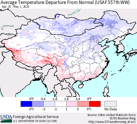 China, Mongolia and Taiwan Average Temperature Departure from Normal (USAF 557th WW) Thematic Map For 4/25/2022 - 5/1/2022