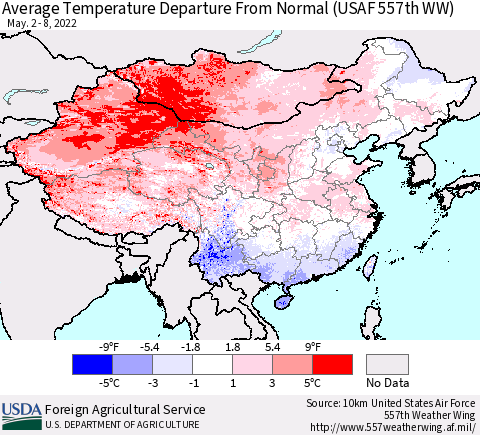 China, Mongolia and Taiwan Average Temperature Departure from Normal (USAF 557th WW) Thematic Map For 5/2/2022 - 5/8/2022