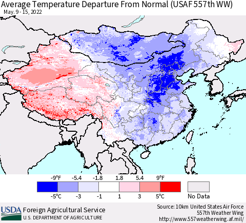 China, Mongolia and Taiwan Average Temperature Departure from Normal (USAF 557th WW) Thematic Map For 5/9/2022 - 5/15/2022