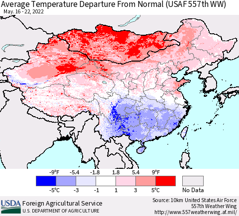 China, Mongolia and Taiwan Average Temperature Departure from Normal (USAF 557th WW) Thematic Map For 5/16/2022 - 5/22/2022