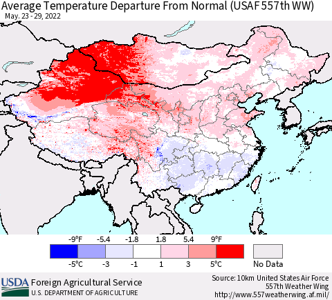 China, Mongolia and Taiwan Average Temperature Departure from Normal (USAF 557th WW) Thematic Map For 5/23/2022 - 5/29/2022