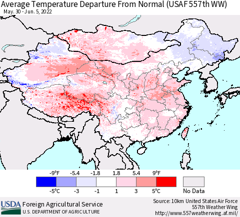China, Mongolia and Taiwan Average Temperature Departure from Normal (USAF 557th WW) Thematic Map For 5/30/2022 - 6/5/2022