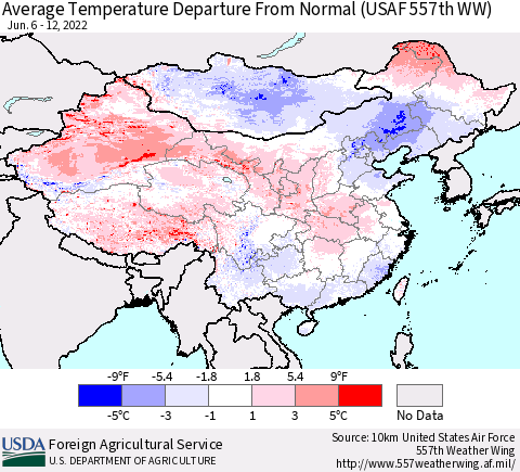 China, Mongolia and Taiwan Average Temperature Departure from Normal (USAF 557th WW) Thematic Map For 6/6/2022 - 6/12/2022