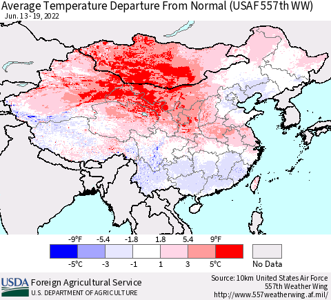 China, Mongolia and Taiwan Average Temperature Departure from Normal (USAF 557th WW) Thematic Map For 6/13/2022 - 6/19/2022