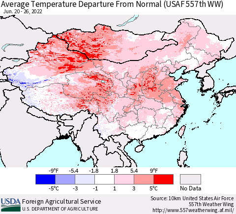 China, Mongolia and Taiwan Average Temperature Departure from Normal (USAF 557th WW) Thematic Map For 6/20/2022 - 6/26/2022