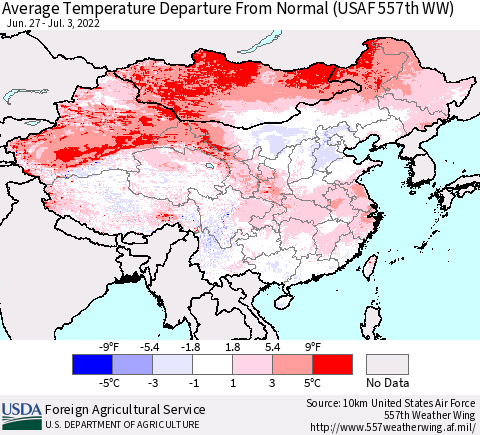 China, Mongolia and Taiwan Average Temperature Departure from Normal (USAF 557th WW) Thematic Map For 6/27/2022 - 7/3/2022