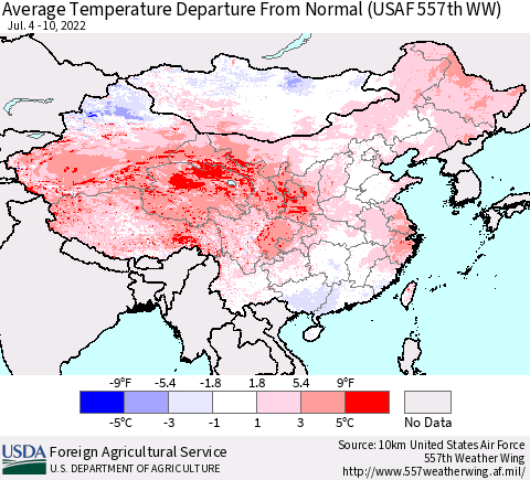 China, Mongolia and Taiwan Average Temperature Departure from Normal (USAF 557th WW) Thematic Map For 7/4/2022 - 7/10/2022