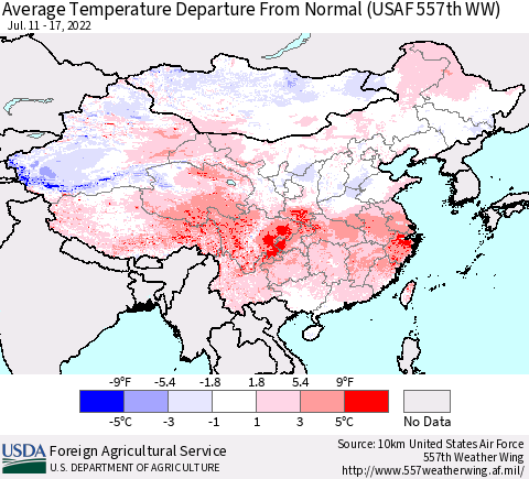 China, Mongolia and Taiwan Average Temperature Departure from Normal (USAF 557th WW) Thematic Map For 7/11/2022 - 7/17/2022