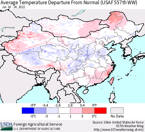 China, Mongolia and Taiwan Average Temperature Departure from Normal (USAF 557th WW) Thematic Map For 7/18/2022 - 7/24/2022