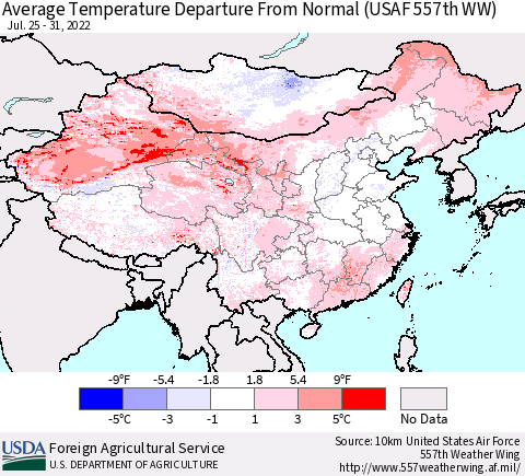 China, Mongolia and Taiwan Average Temperature Departure from Normal (USAF 557th WW) Thematic Map For 7/25/2022 - 7/31/2022