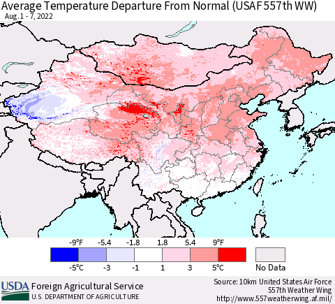 China, Mongolia and Taiwan Average Temperature Departure from Normal (USAF 557th WW) Thematic Map For 8/1/2022 - 8/7/2022