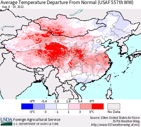 China, Mongolia and Taiwan Average Temperature Departure from Normal (USAF 557th WW) Thematic Map For 8/8/2022 - 8/14/2022