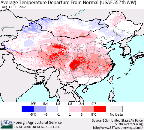 China, Mongolia and Taiwan Average Temperature Departure from Normal (USAF 557th WW) Thematic Map For 8/15/2022 - 8/21/2022