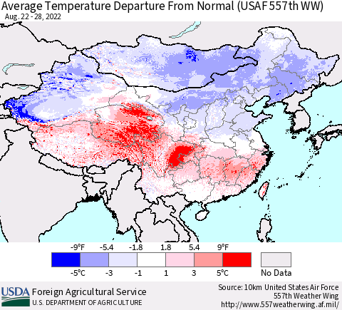 China, Mongolia and Taiwan Average Temperature Departure from Normal (USAF 557th WW) Thematic Map For 8/22/2022 - 8/28/2022
