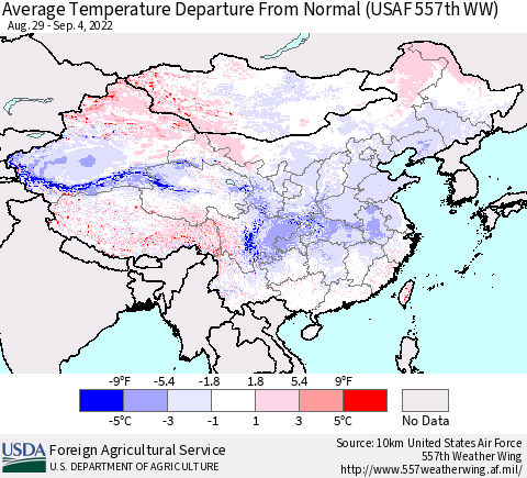 China, Mongolia and Taiwan Average Temperature Departure from Normal (USAF 557th WW) Thematic Map For 8/29/2022 - 9/4/2022