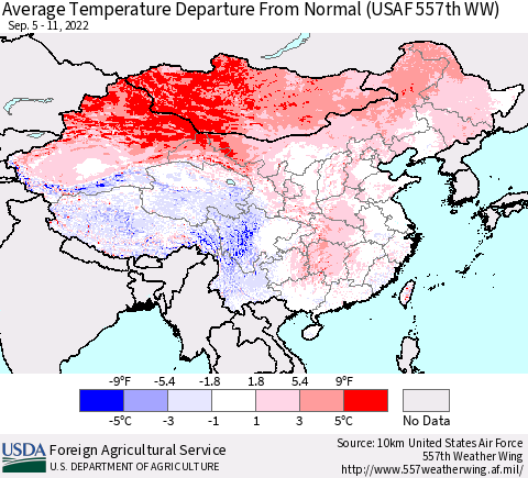 China, Mongolia and Taiwan Average Temperature Departure from Normal (USAF 557th WW) Thematic Map For 9/5/2022 - 9/11/2022