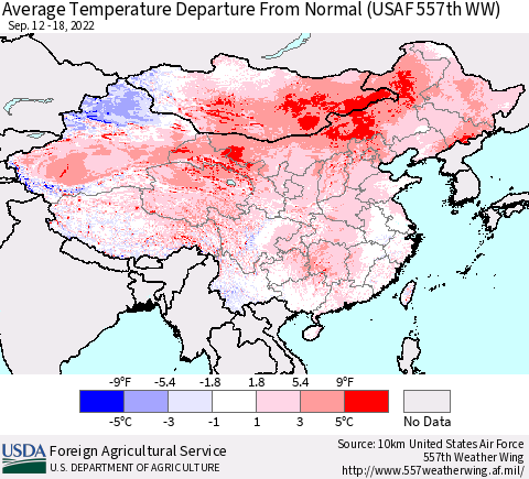 China, Mongolia and Taiwan Average Temperature Departure from Normal (USAF 557th WW) Thematic Map For 9/12/2022 - 9/18/2022