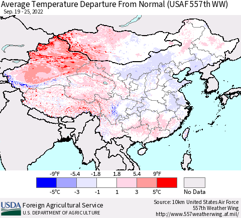 China, Mongolia and Taiwan Average Temperature Departure from Normal (USAF 557th WW) Thematic Map For 9/19/2022 - 9/25/2022