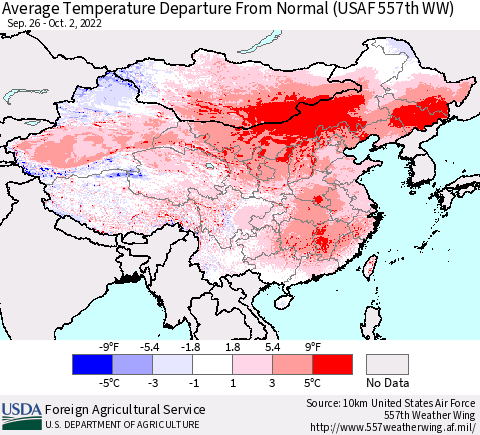 China, Mongolia and Taiwan Average Temperature Departure from Normal (USAF 557th WW) Thematic Map For 9/26/2022 - 10/2/2022