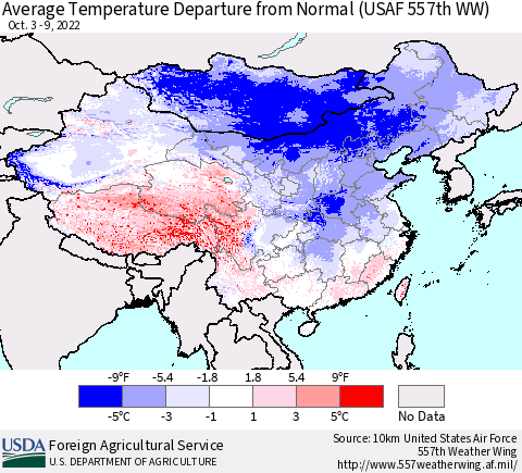 China, Mongolia and Taiwan Average Temperature Departure from Normal (USAF 557th WW) Thematic Map For 10/3/2022 - 10/9/2022