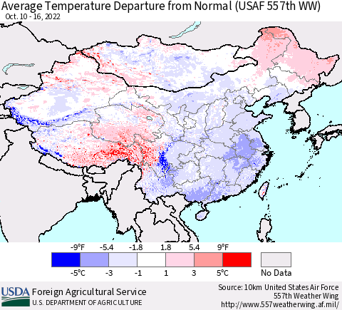 China, Mongolia and Taiwan Average Temperature Departure from Normal (USAF 557th WW) Thematic Map For 10/10/2022 - 10/16/2022