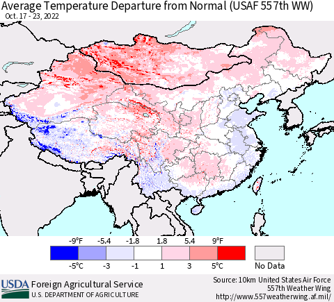 China, Mongolia and Taiwan Average Temperature Departure from Normal (USAF 557th WW) Thematic Map For 10/17/2022 - 10/23/2022