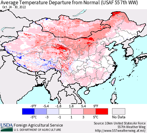 China, Mongolia and Taiwan Average Temperature Departure from Normal (USAF 557th WW) Thematic Map For 10/24/2022 - 10/30/2022