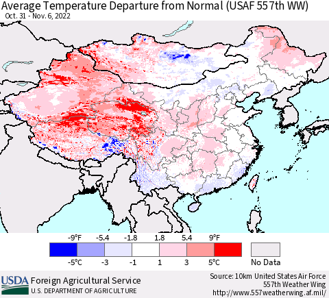 China, Mongolia and Taiwan Average Temperature Departure from Normal (USAF 557th WW) Thematic Map For 10/31/2022 - 11/6/2022
