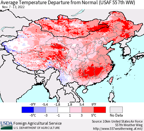 China, Mongolia and Taiwan Average Temperature Departure from Normal (USAF 557th WW) Thematic Map For 11/7/2022 - 11/13/2022
