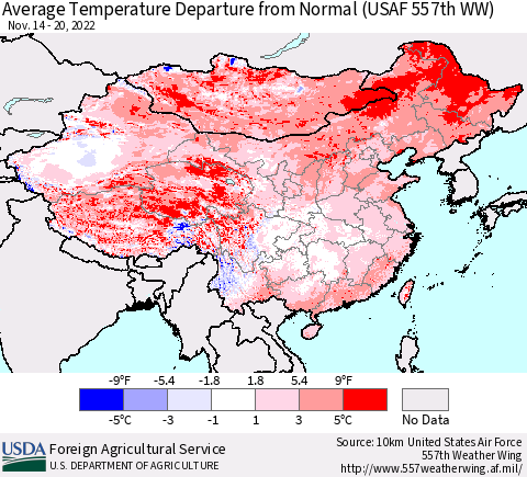 China, Mongolia and Taiwan Average Temperature Departure from Normal (USAF 557th WW) Thematic Map For 11/14/2022 - 11/20/2022