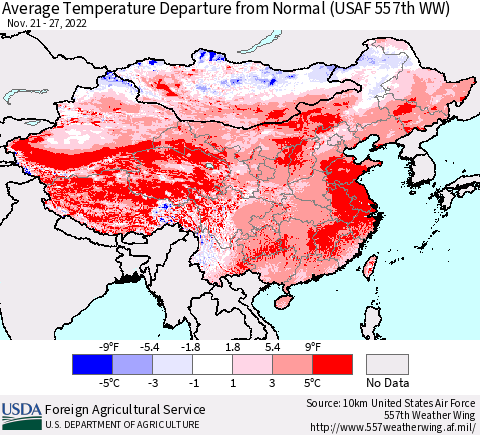 China, Mongolia and Taiwan Average Temperature Departure from Normal (USAF 557th WW) Thematic Map For 11/21/2022 - 11/27/2022