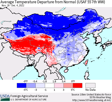 China, Mongolia and Taiwan Average Temperature Departure from Normal (USAF 557th WW) Thematic Map For 11/28/2022 - 12/4/2022